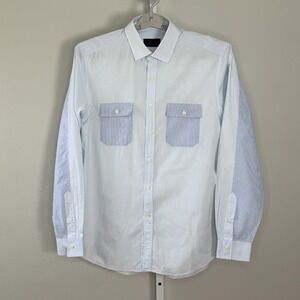 LOEWE Men's Patchwork Mixed Stripe Button Down Shirt Blue White Luxury IT 43